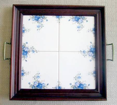 Moonlight Rose Square Wood Frame Tea Tray with Tile Insert