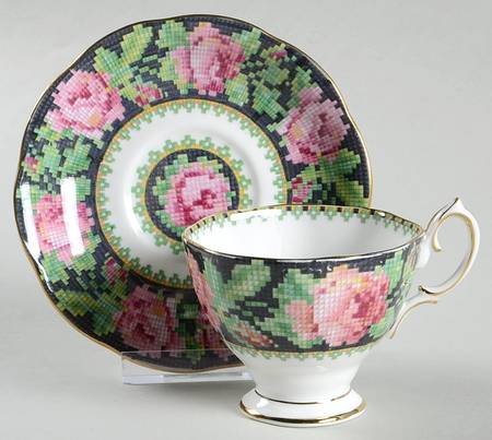 Needle Point Footed Demitasse Cup & Saucer Set