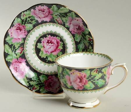 Needle Point Footed Cup & Saucer Set