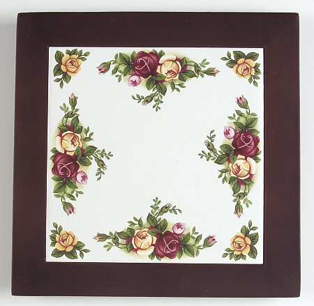Old Country Roses Square Tea Tile with Wood Frame and Tile Insert by Royal Albert