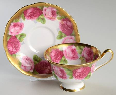 Old English Rose (Brushed Gold Trim) Footed Cup & Saucer Set