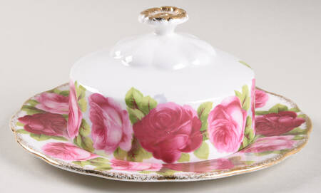 Old English Rose (Brushed Gold Trim) Round Covered Butter (Uses Bread & Butter Plate)