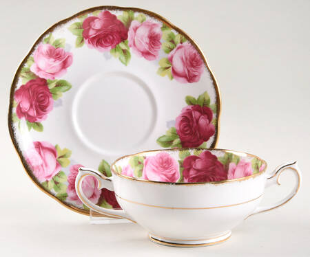 Old English Rose (Brushed Gold Trim) Footed Cream Soup Bowl & Saucer Set