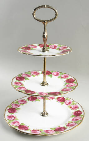 Old English Rose (Brushed Gold Trim) 3-Tiered Serving Tray (DP, SP, BB)