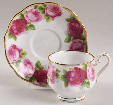 Old English Rose (Brushed Gold Trim) Footed Cup & Saucer Set