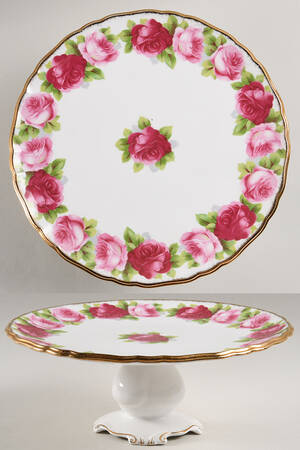 Old English Rose (Brushed Gold Trim) 9" Diameter Pedestal Cake Stand