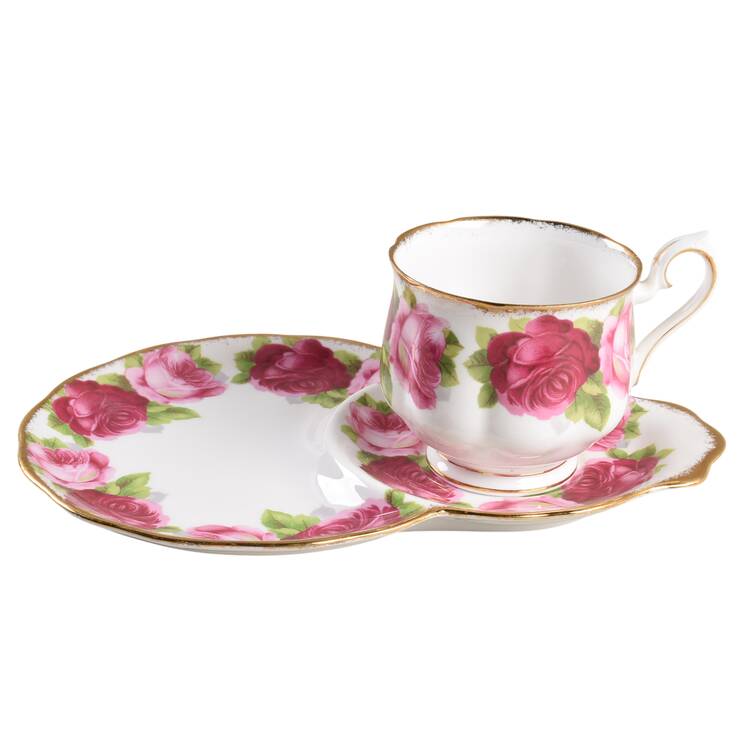 Old English Rose (Brushed Gold Trim) Snack Plate & Cup Set