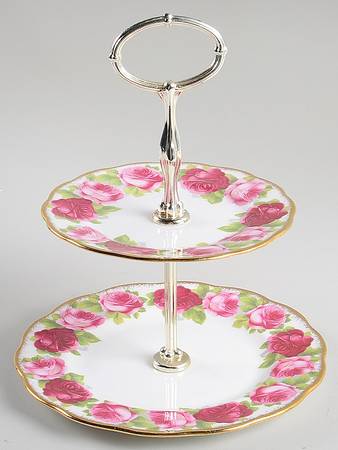 Old English Rose (Brushed Gold Trim) 2-Tiered Serving Tray (Salad & Bread/Butter Plate)