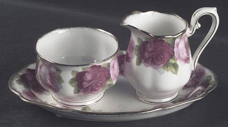Old English Rose (Brushed Gold Trim) Mini Creamer & Open Sugar with Tray