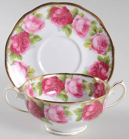Old English Rose (Brushed Gold Trim) Footed Cream Soup Bowl & Saucer Set