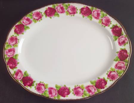 Old English Rose (Brushed Gold Trim) 15" Oval Serving Platter