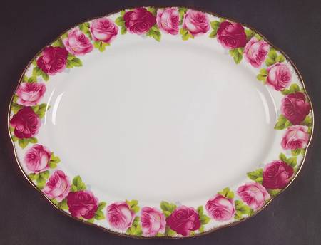 Old English Rose (Brushed Gold Trim) 12" Oval Serving Platter