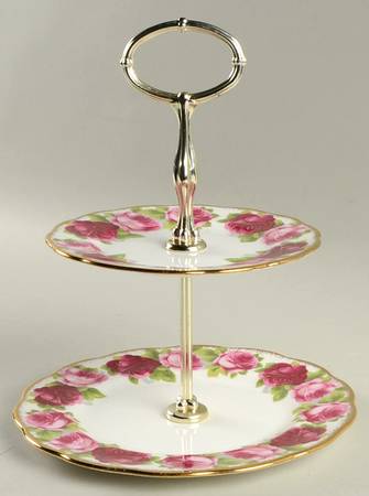 Old English Rose (Brushed Gold Trim) 2 Tiered Serving Tray (Dinner & Salad Plate)