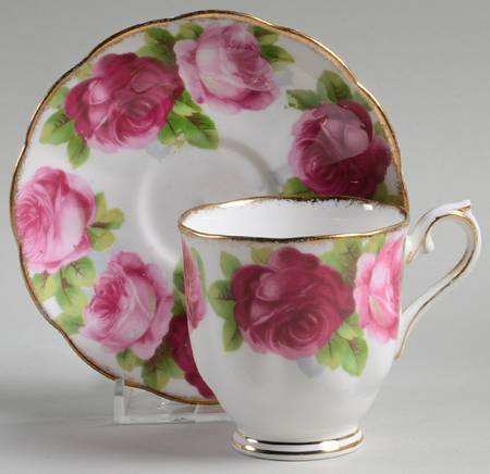 Old English Rose (Brushed Gold Trim) Footed Demitasse Cup & Saucer Set