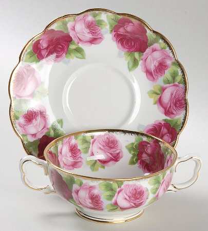 Old English Rose (Brushed Gold Trim) Footed Cream Soup Bowl & Saucer Set