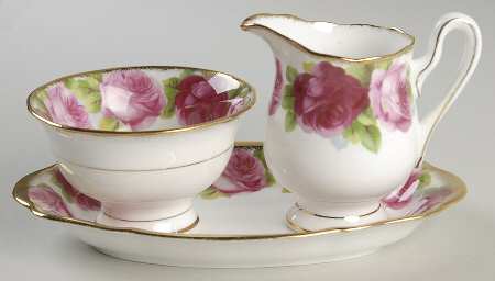 Old English Rose (Brushed Gold Trim) Mini Creamer & Open Sugar with Tray