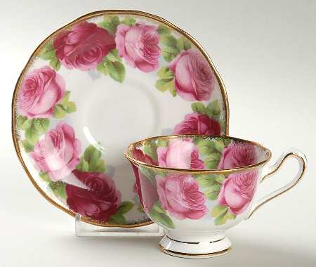 Old English Rose (Brushed Gold Trim) Footed Demitasse Cup & Saucer Set