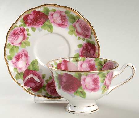 Old English Rose (Brushed Gold Trim) Footed Cup & Saucer Set