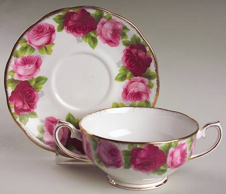 Old English Rose (Brushed Gold Trim) Footed Cream Soup Bowl & Saucer Set
