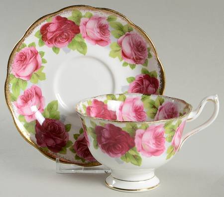 Old English Rose (Brushed Gold Trim) Footed Cup & Saucer Set
