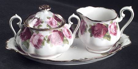 Old English Rose (Brushed Gold Trim) Creamer & Sugar with Lid & Tray Set