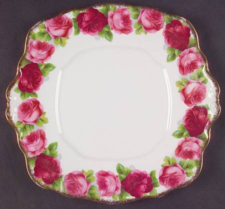 Old English Rose (Brushed Gold Trim) Square Handled Cake Plate