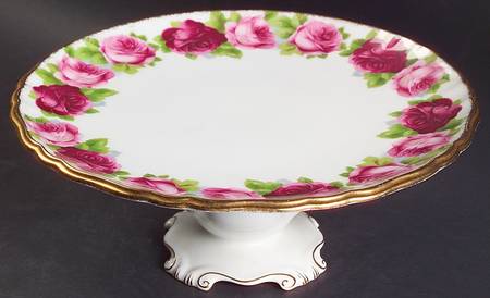 Old English Rose (Brushed Gold Trim) 9" Pedestal Cake Stand