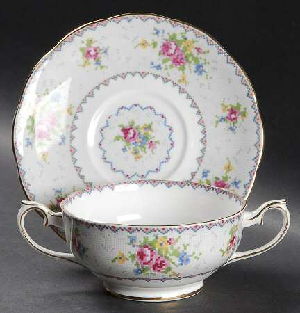 Petit Point Footed Cream Soup Bowl & Saucer Set by Royal Albert