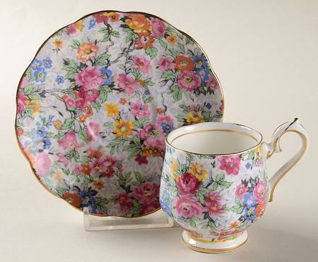 Rose Chintz (Bone China Bkstamp) Footed Demitasse Cup & Saucer Set