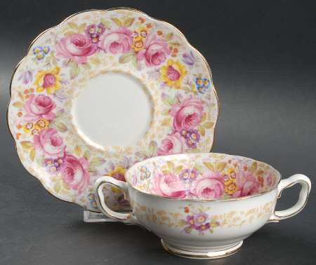 Serena (Thin Gold Trim) Footed Cream Soup Bowl & Saucer Set