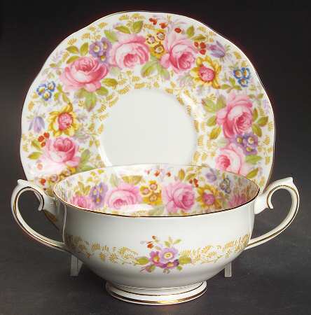 Serena (Thin Gold Trim) Footed Cream Soup Bowl & Saucer Set