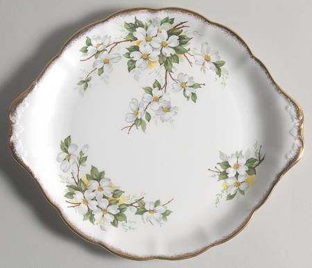 White Dogwood (Brushed Gold Grim Handled Cake Plate by Royal Albert