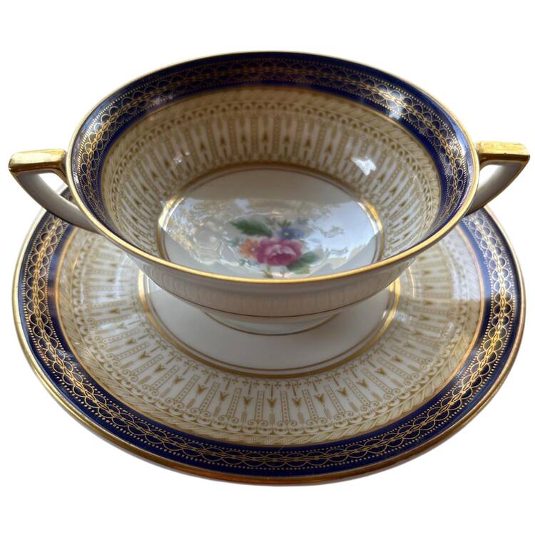 Avon Blue Footed Cream Soup Bowl & Saucer Set