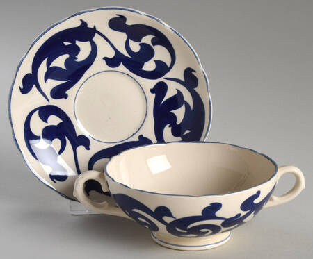 Blue Scroll Footed Cream Soup Bowl & Saucer Set
