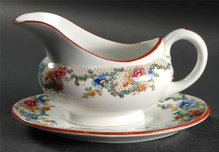 Floradora (Red Trim, Smooth) Gravy Boat & Underplate