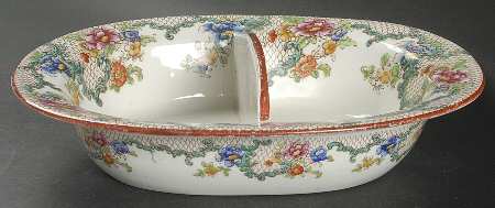Floradora (Red Trim, Smooth) 10" Oval Divided Vegetable Bowl