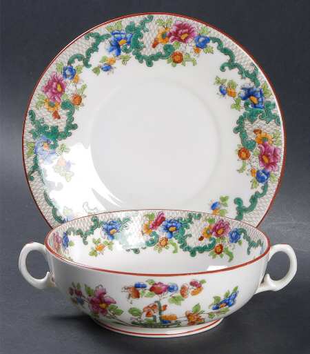 Floradora (Red Trim, Smooth) Footed Cream Soup Bowl & Saucer Set
