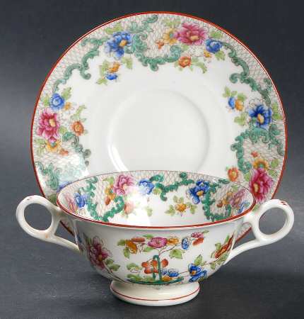 Floradora (Red Trim, Smooth) Footed Bouillon Cup & Saucer
