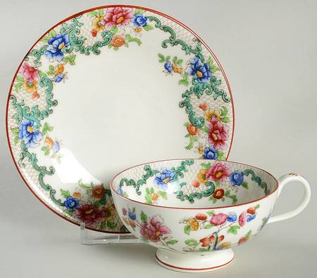 Floradora (Red Trim, Smooth) Footed Cup & Saucer Set