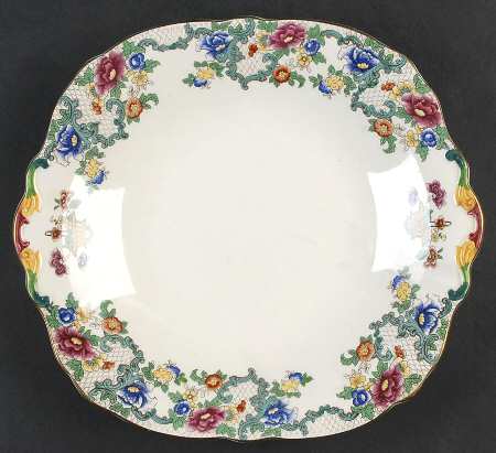Floradora (Gold Trim, Scalloped) Square Handled Cake Plate