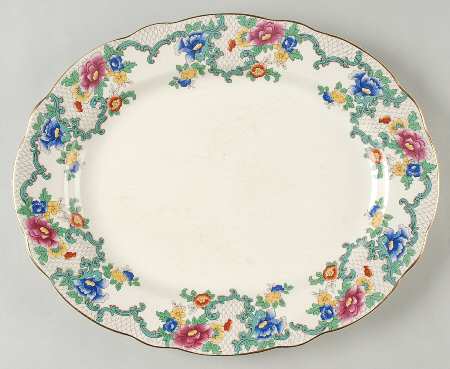 Floradora (Gold Trim, Scalloped) 13" Oval Serving Platter