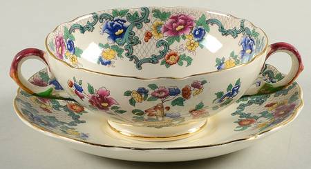 Floradora (Gold Trim, Scalloped) Footed Cream Soup Bowl & Saucer Set