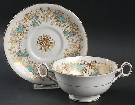 Gainsborough (White with Blue & Gold) Footed Cream Soup Bowl & Saucer Set