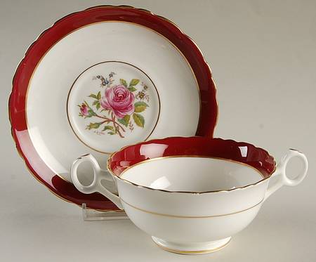 Miniver Rose Burgundy Footed Cream Soup Bowl & Saucer Set