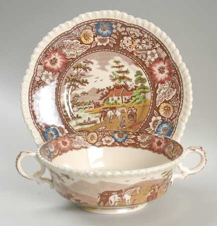 Native Brown Multicolor (Multicolor Border) Footed Cream Soup Bowl & Saucer Set