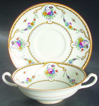 Sledmere (White Background) Footed Cream Soup Bowl & Saucer Set