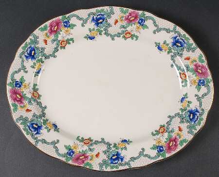 Victoria (Scalloped, Gold Trim) 13" Oval Serving Platter