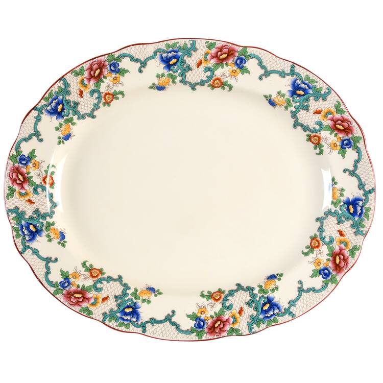 Victoria (Scalloped, Red Trim) 15" Oval Serving Platter