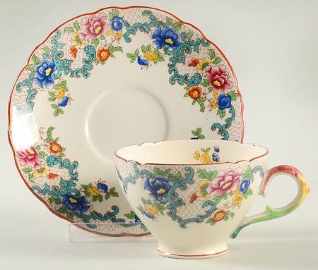 Victoria (Scalloped, Red Trim) Footed Cup & Saucer Set
