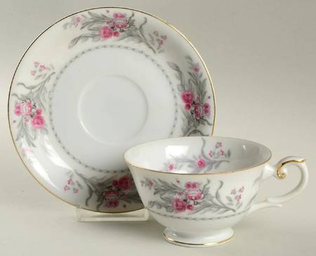 Saratoga (Red & Gray Flowers) Footed Cup & Saucer Set